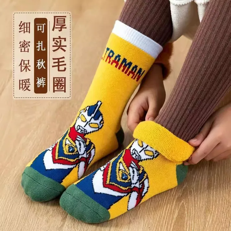 儿童袜子秋冬季加厚加绒男童中长筒大童宝宝卡通奥特曼毛圈棉袜
