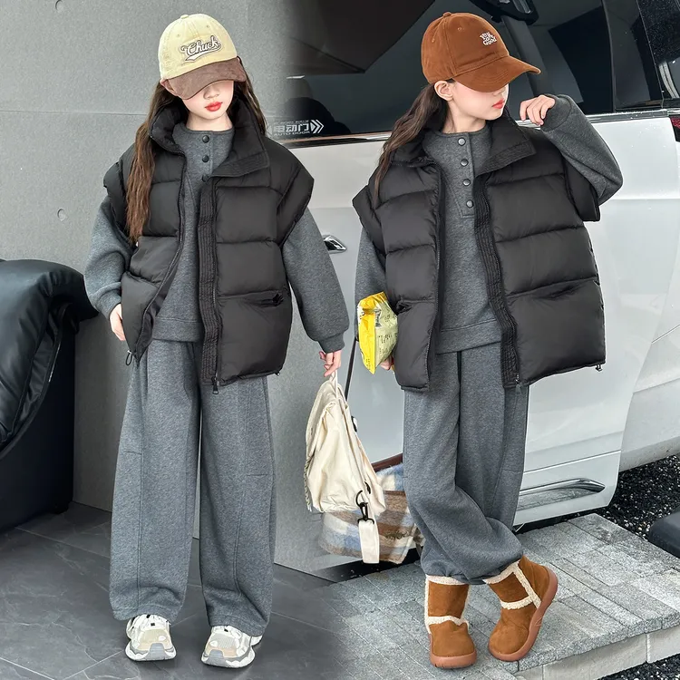 女童秋冬款加绒套装2025新款儿童潮酷穿搭女大童加厚棉马甲三件套