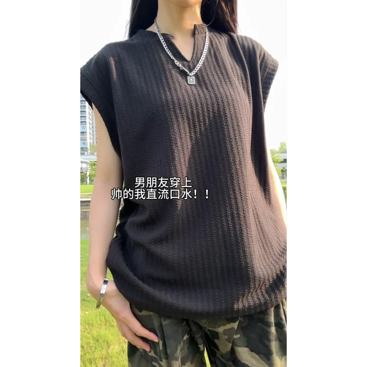 肌理感V领背心男款夏季薄款透气宽松坑条无袖T恤美式运动坎肩汗衫