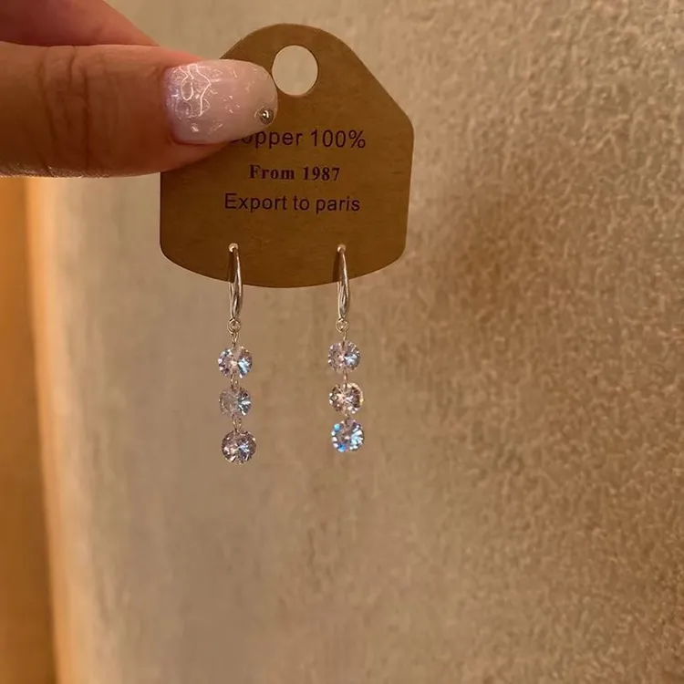 925银针爆闪三钻流苏耳环女新款轻奢小众高级感精致气质耳钉耳饰