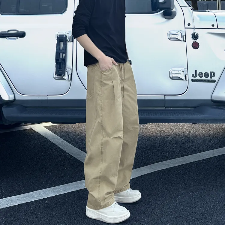 QUALCOMM美式褶皱伞兵休闲裤男秋冬加绒卡其色百搭宽松直筒工装裤