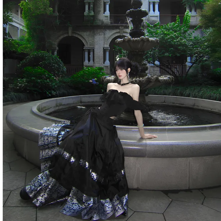 京云染【汀蝉】原创汉服半身裙  黑银马面裙  仿妆花织锦缎日常百搭