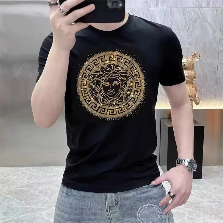 网红同款T恤 夏季轻奢烫钻美人头半袖上衣男女潮流高端丝光棉短袖