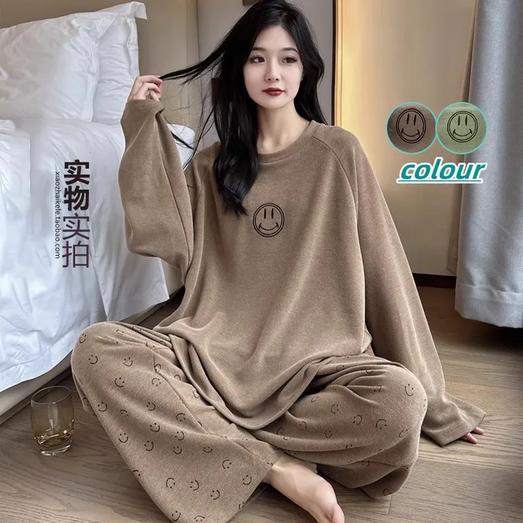 维多利亚纯棉睡衣女春秋季加厚笑脸200斤大码胖MM宽松居家服套装