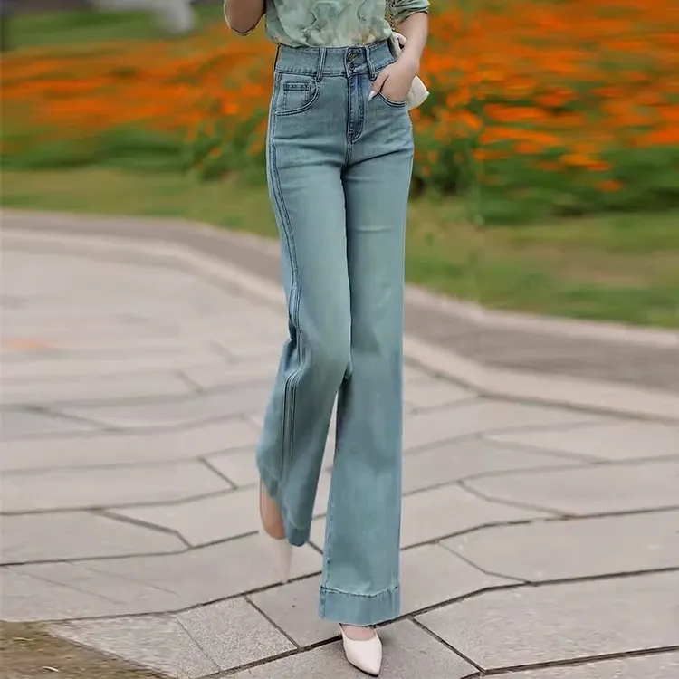 2025春夏新款高腰显瘦微喇牛仔裤女宽松百搭休闲直筒阔腿拖地裤子