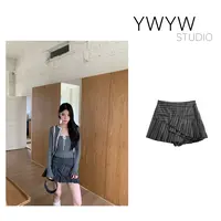 【YWYW25F/W】秋季ins风韩版拼接斜褶修身条纹短裙5333