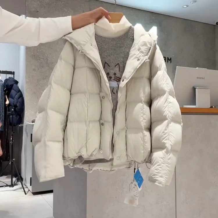 白鸭绒短款羽绒服女2025冬季新款小个子连帽宽松面包服泡芙外套