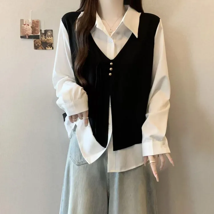 大码女装遮肚子假两件小香风马甲衬衫女秋冬胖mm显瘦正肩长袖上衣
