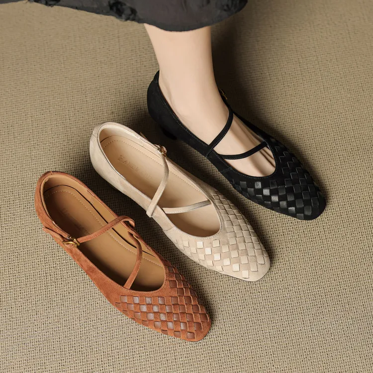 羊反绒~4cm复古圆头春夏季手工编织百搭软底交叉带浅口玛丽珍单鞋
