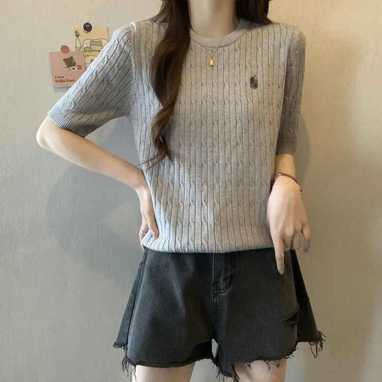 【工厂清仓】 738女装韩版圆领刺绣设计感短袖针织打底衫毛衣女夏百