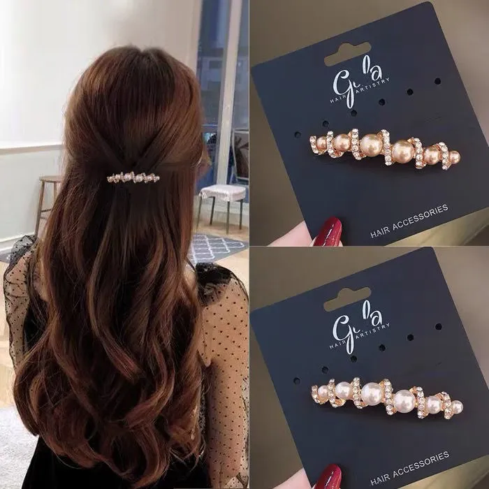 时尚水钻珍珠弹簧夹后脑勺半扎发夹优雅气质顶夹横夹一字夹发卡