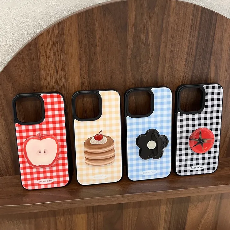 ins格纹水果支架适用16苹果15pro max手机壳iphone14滴胶复古13潮