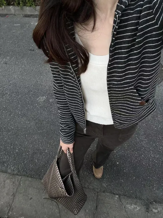 2025早秋新款韩系慵懒风休闲复古条纹连帽卫衣百搭直筒裤两件套装