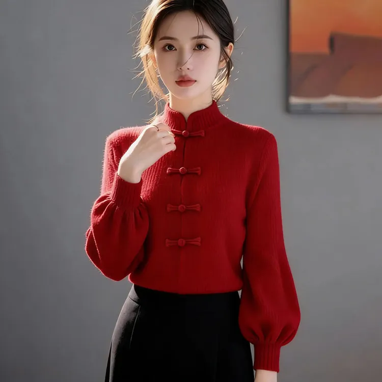 新中式红色立领盘扣粗线毛衣2025秋季独特超好看短款灯笼袖针织衫