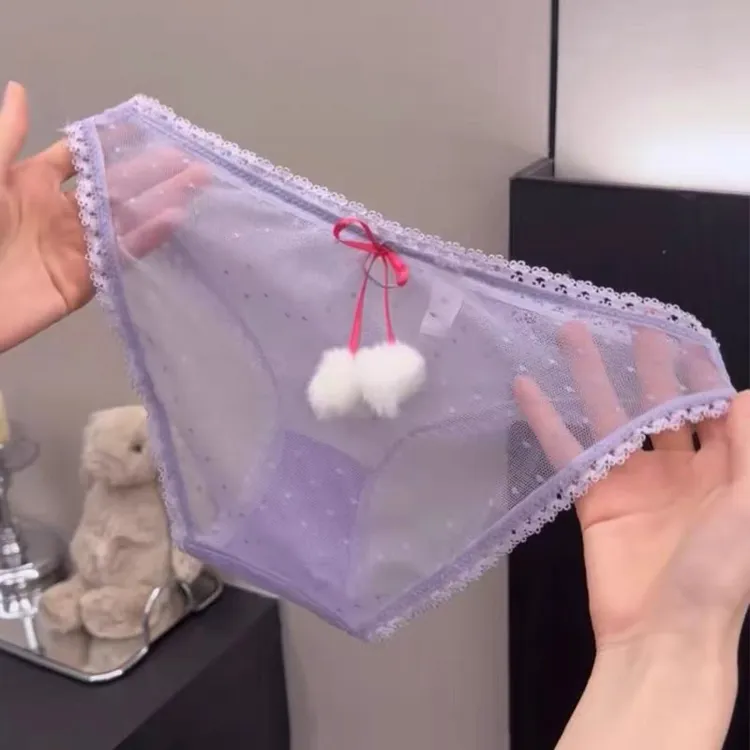 新款毛球设计感内裤女日系少女甜美包臀舒适网纱蕾丝三角内裤女士