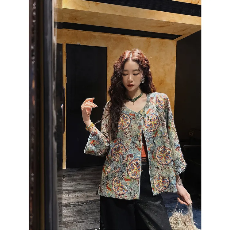 三吉黑花【珐琅彩】新中式人丝早秋季外套女独特漂亮小香风2025新