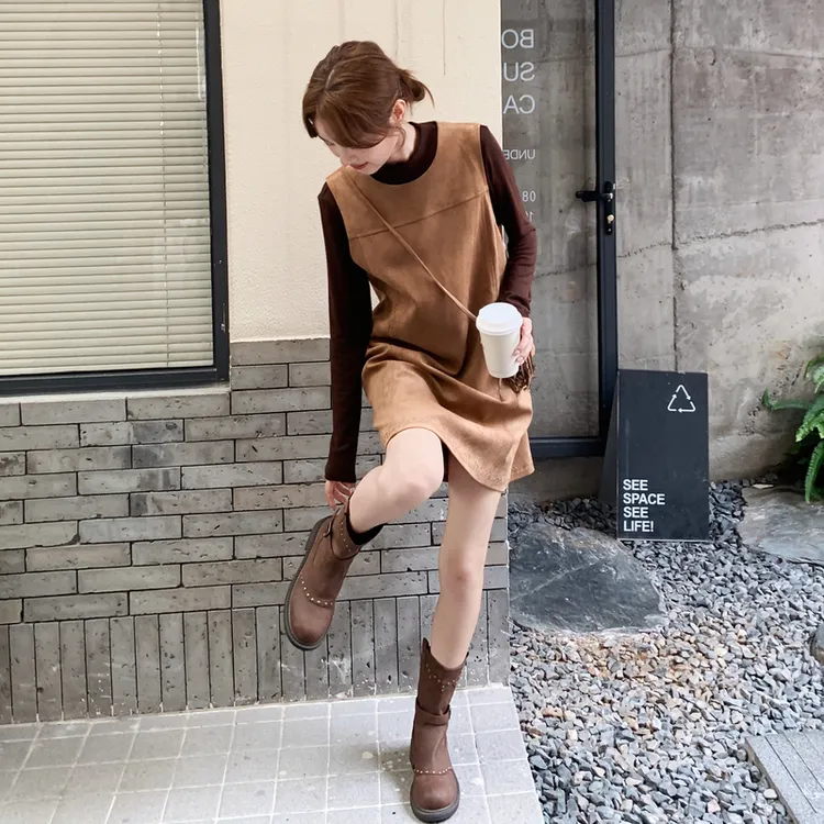 韩系chic美拉德穿搭麂皮绒背心裙打底衫套装女2025秋季时尚两件套