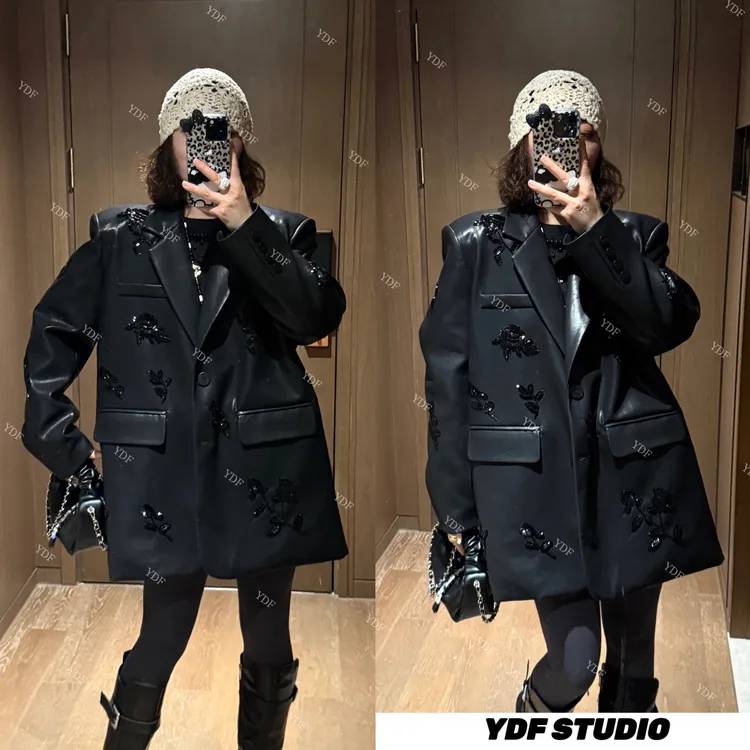 YDFSTUDIO小众【女王风姿】欧货高品刺绣钉珠设计新90羽绒服皮西装
