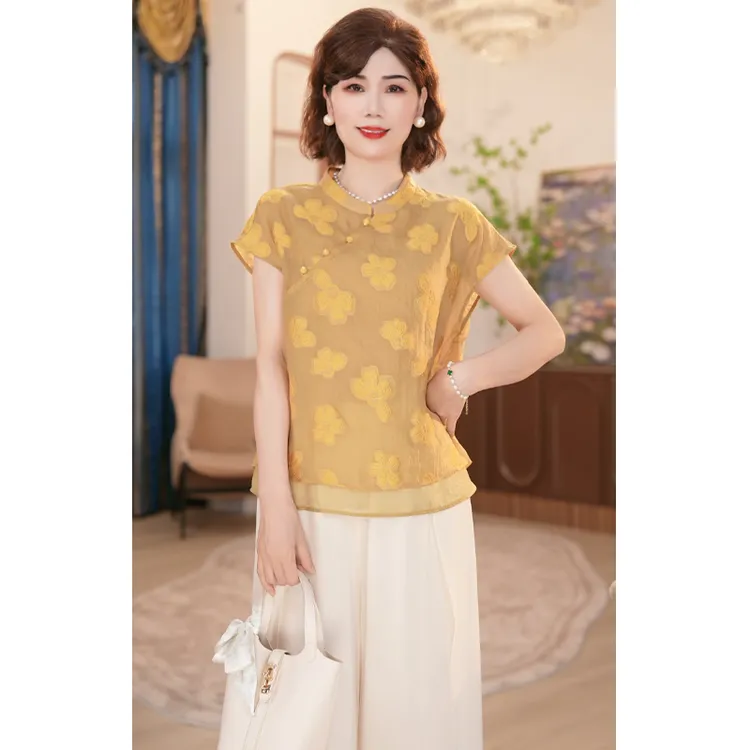中年妈妈夏季新中式上衣服2025新款洋气质中老年女装国风小衫套装