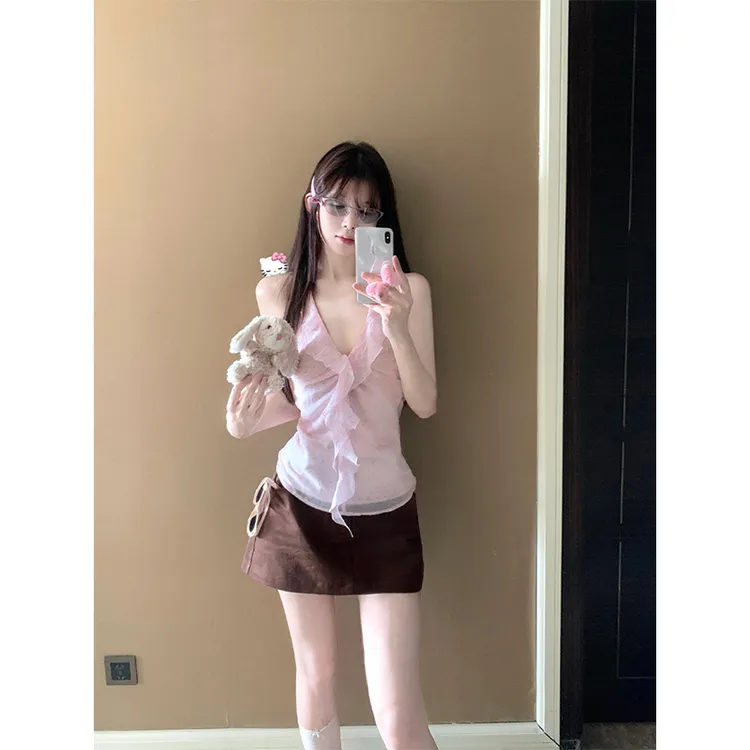 纯欲性感辣妹不规则荷叶边V领波点小衫女夏日高腰A字半身裙两件套