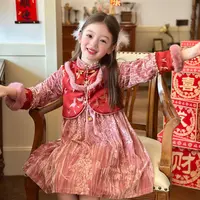 栀了成长记童装女童新中式加绒连衣裙2025冬季儿童假两件丝绒裙子