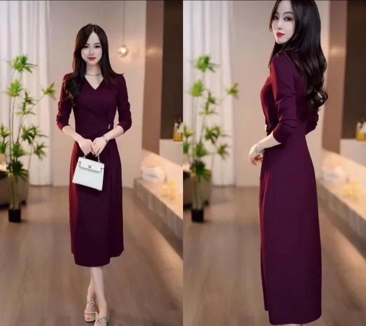 2025秋季新款樱桃红色V领收腰系带优雅时尚气质显瘦连衣裙M-4XL