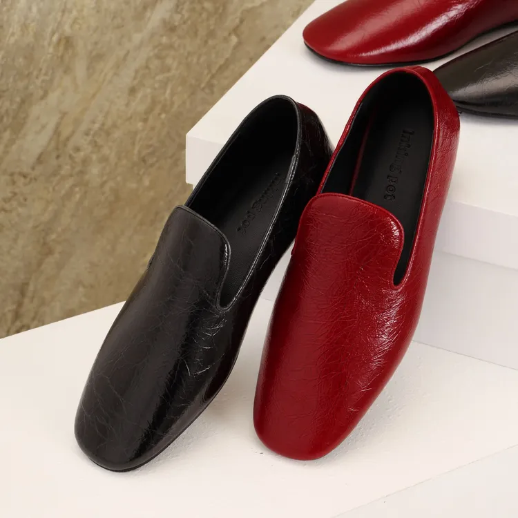 Inking Pot极简方头真皮乐福鞋女平底圆头一脚蹬百搭休闲单鞋