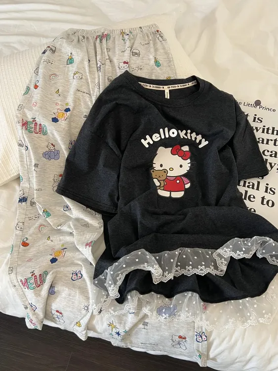 少女甜美可爱蕾丝字母kitty猫短袖睡衣女夏季新款套装外穿家居服