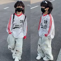 三乐乐家儿童长袖时尚潮牌美式运动式复古条纹宽松拼色打底衫