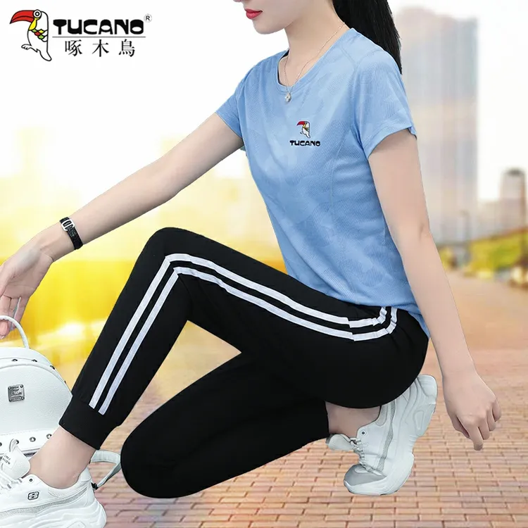 啄木鸟2025夏季新款休闲运动冰丝套装女士短袖长裤圆领洋气广场舞