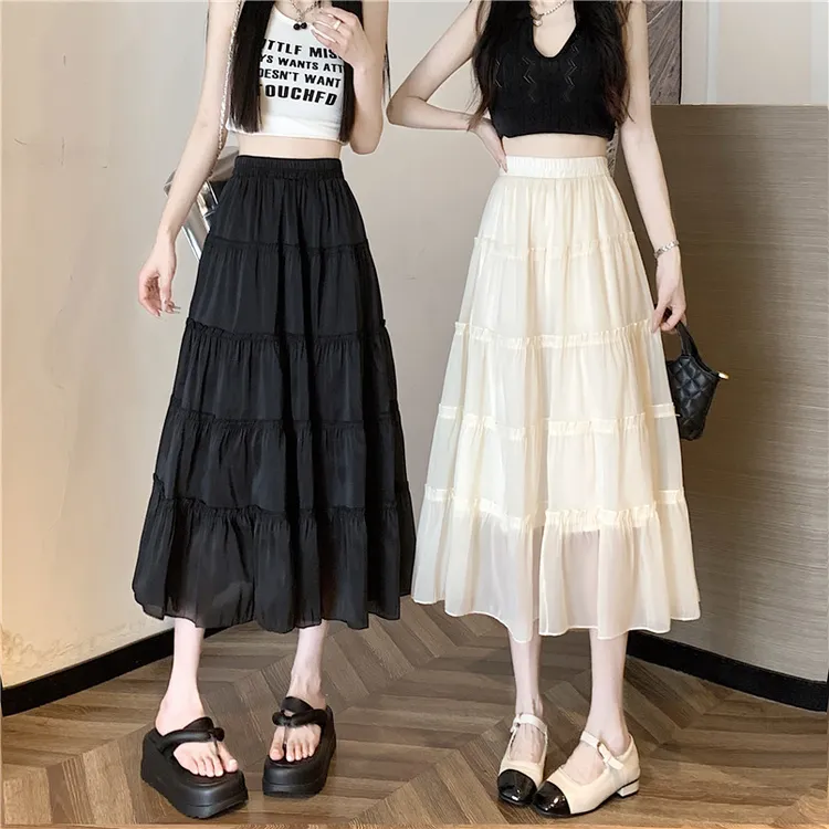 La Chapelle/拉夏贝尔现货蛋糕裙半身裙女中长显瘦高腰a字长裙