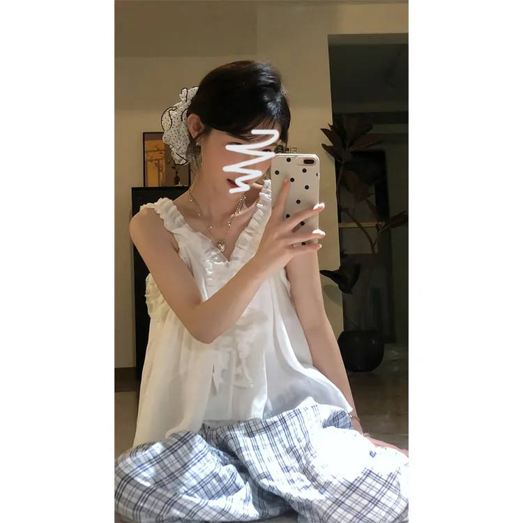 法式轻奢木耳边V领白色衬衫无袖气质上衣蓝格子裤宽松直筒阔腿裤