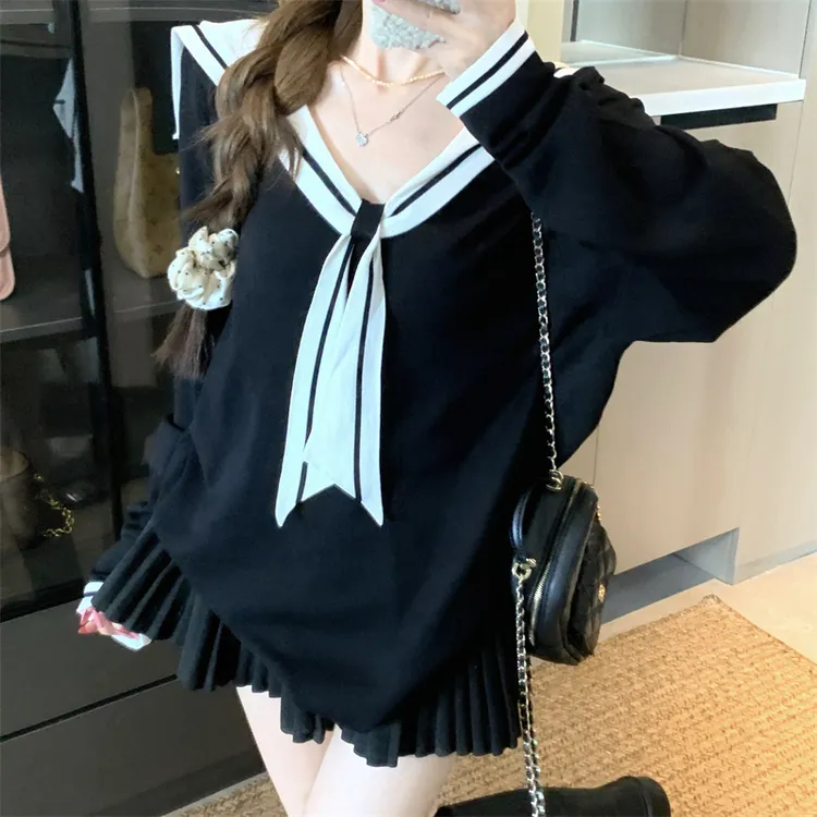 【运费险】【现货48小时】长袖海军领大码女装秋冬胖mm针织宽松上衣