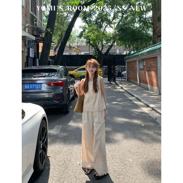 YOMI小个子【观山月】苎麻+棉蕾丝绣花上下装套装休闲薄款夏季显瘦