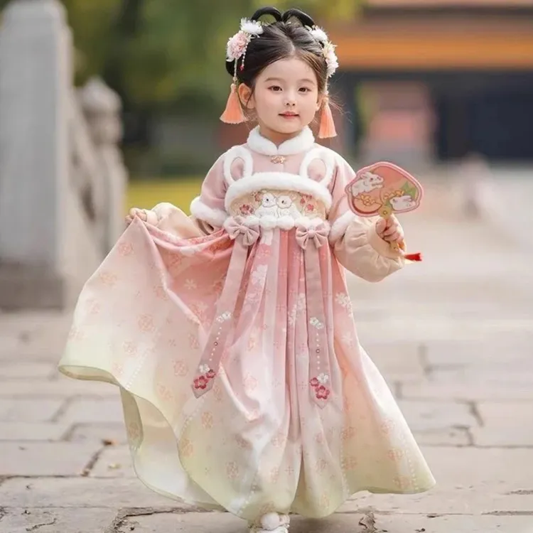 【小桃桃】儿童汉服女童冬款加绒加厚粉色连衣裙古风女孩拜年服襦裙