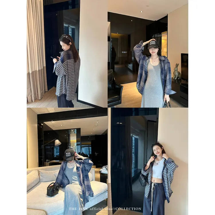 THEISSN宁司 正反两穿藏青色格子衬衫女夏季宽松外套上衣 01128