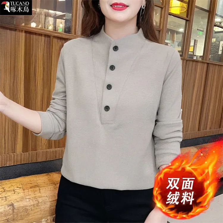 啄木鸟长袖修身型女士减龄新款纽扣打底T恤秋冬双面澳绒保暖上衣