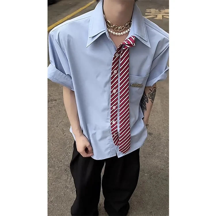 美式复古双层领boxy短袖衬衫男夏季领带设计感衬衣高级感痞帅半袖