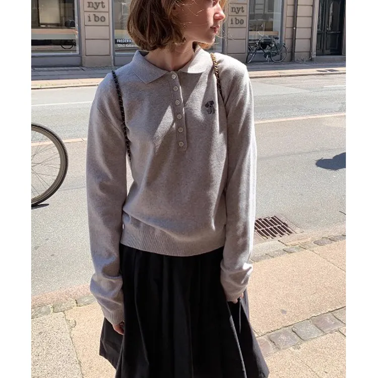 法式卡通小狗刺绣polo领针织衫女2025春秋高级感外搭减龄毛衣