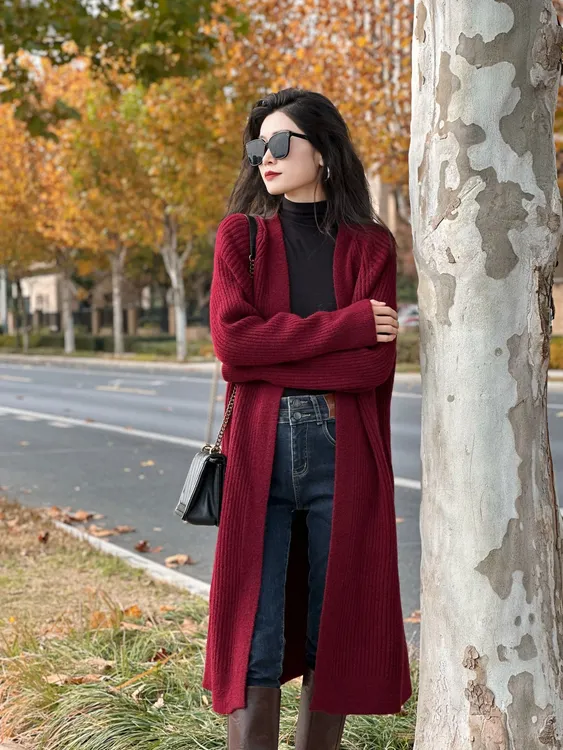 小个子专属带口袋慵懒风长款针织开衫纯色竖条纹简约外搭毛衣外套