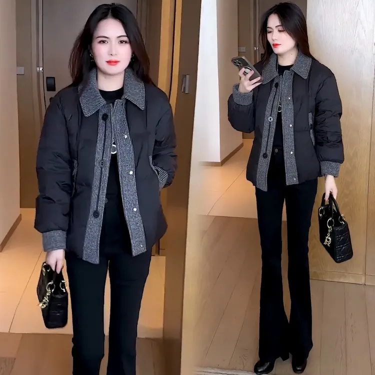 时尚撞色拼接棉服女2025冬季新款洋气显瘦小个子加厚保暖棉袄