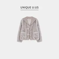 【林雪雪】暖珀秋冬上新时尚拼接针织翻领皮毛短外套113915