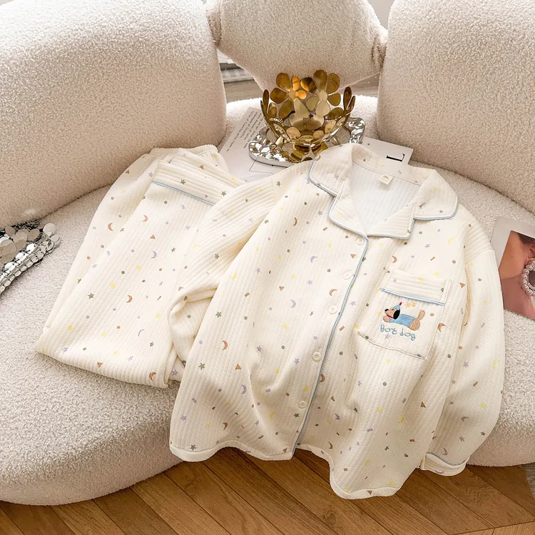 【波点小狗】空气夹层长袖厚款大码睡衣女秋冬宽松可外穿家居服套装