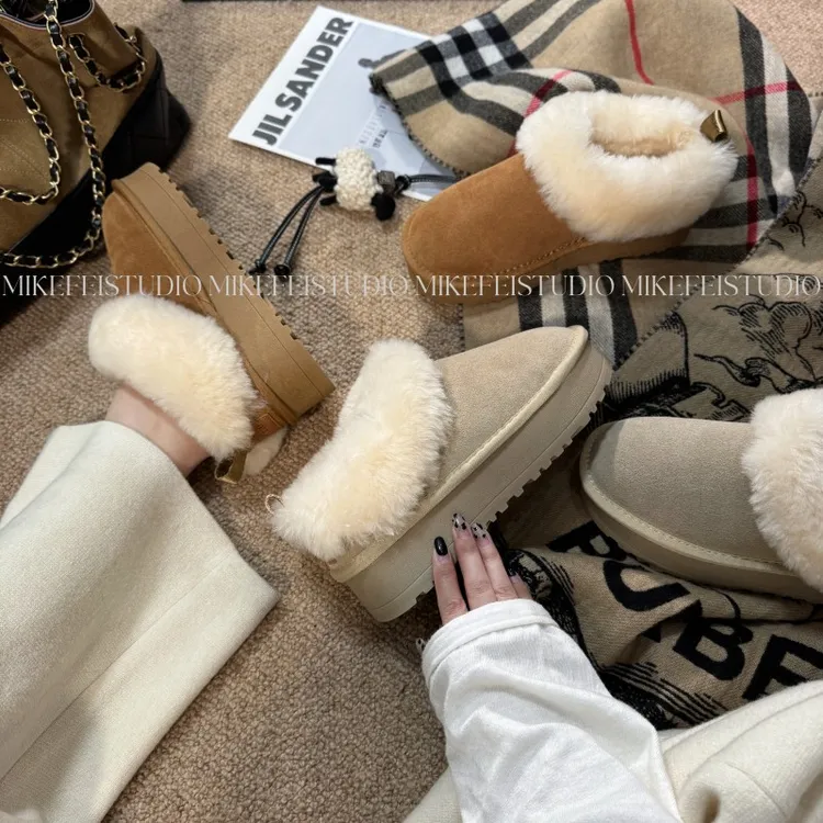 【MIKEFEI】真皮！「慵懒周末」羊毛厚底一脚蹬保暖加绒棉鞋毛毛鞋