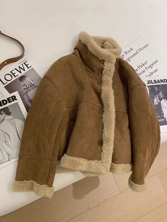 冬季美拉德风机车服立领超好看保暖宽松羊羔毛短外套洋气百搭上衣