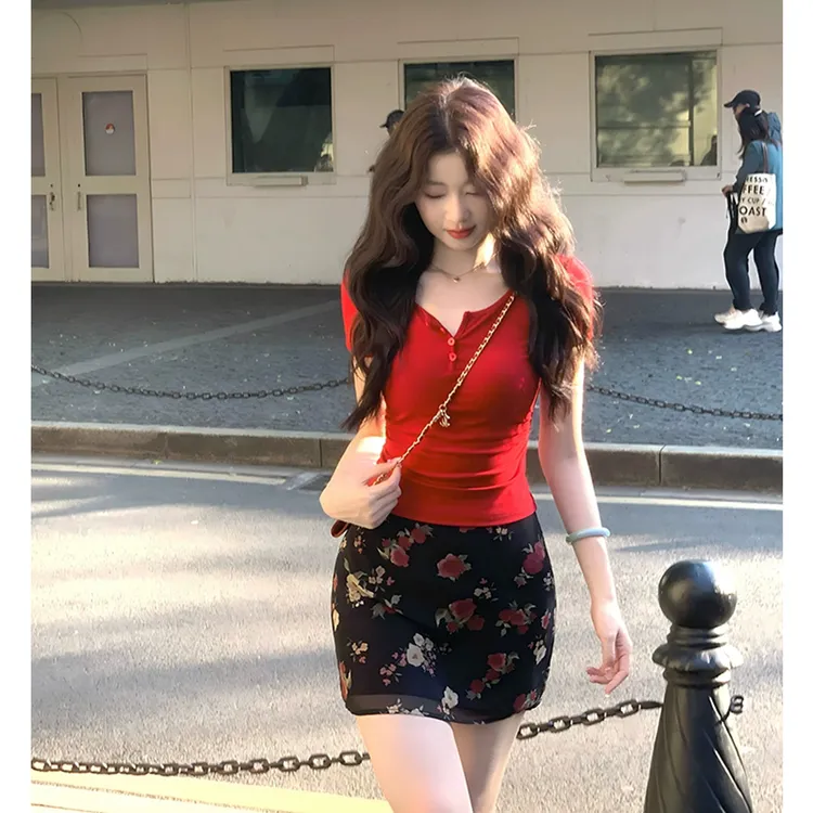 IA一尧仲夏玫瑰韩系碎花慵懒感半身裙气质显瘦ins高腰长短款裙