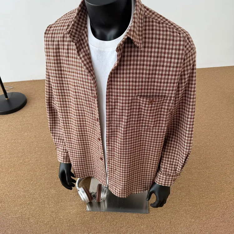 春秋韩系小格子长袖衬衫新款法式复古休闲格子衬衣男帅气衬衫外套