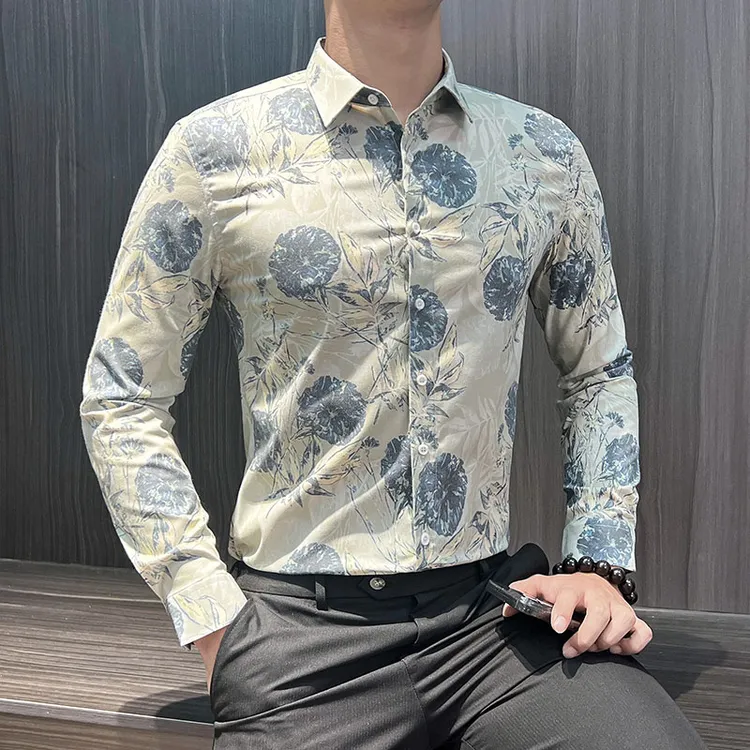 高级感男士衬衫长袖韩版修身春秋商务休闲时尚潮流痞帅印花衬衣男