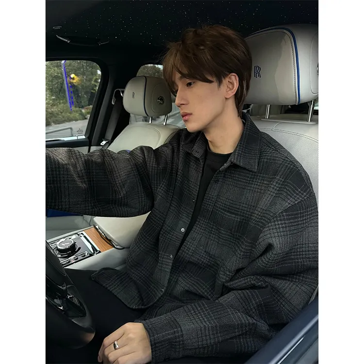 聪明陈 【巴黎羊毛对点定格】25ss潮牌早春款黑灰格纹衬衫外套