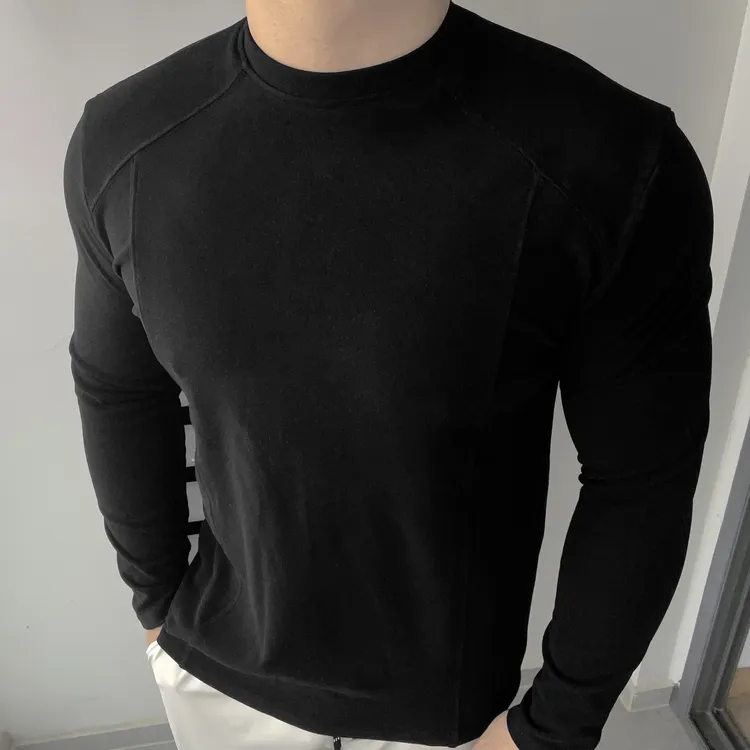 秋冬新款双面德绒保暖修身圆领运动训练健身高弹打底长T男士长袖